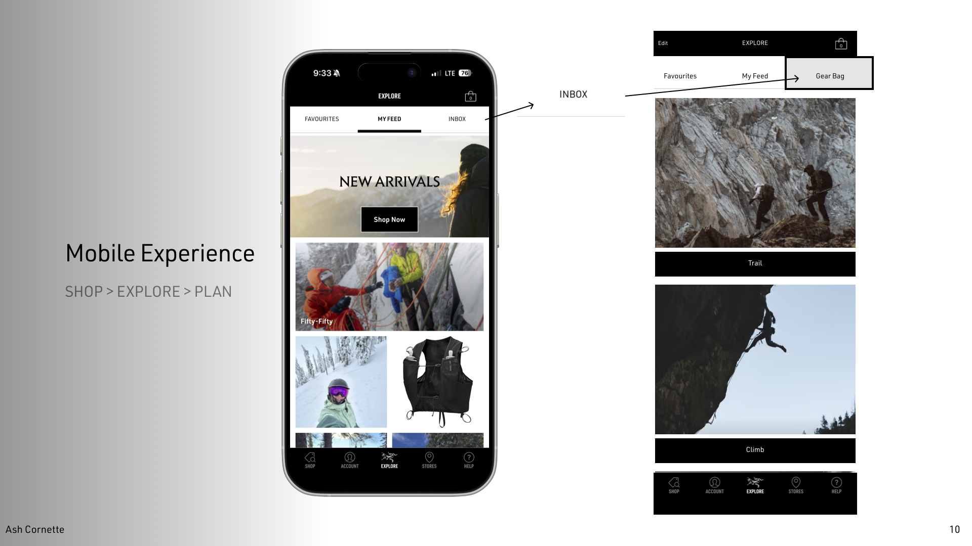 The Arc'teryx gear bag screen — a Trail, Climb, or Ski kit showing owned items and the slots still missing.